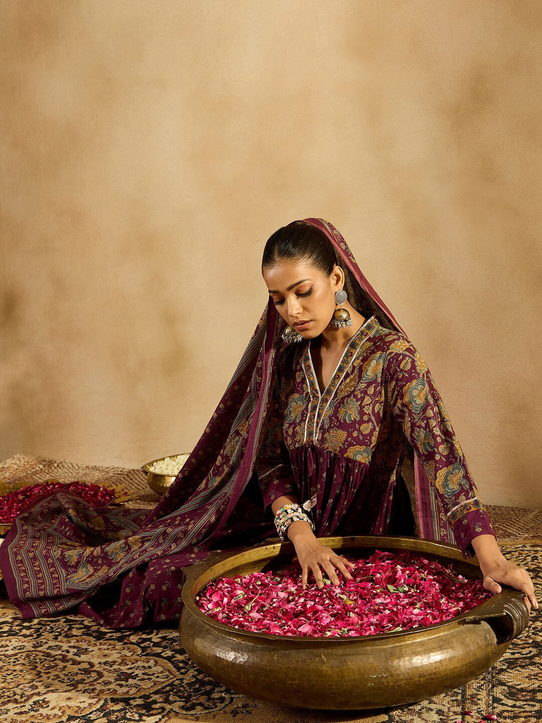 

Indo Era Floral Printed Empire Gotta Patti Pure Cotton Kurta with Trousers & With Dupatta, Burgundy