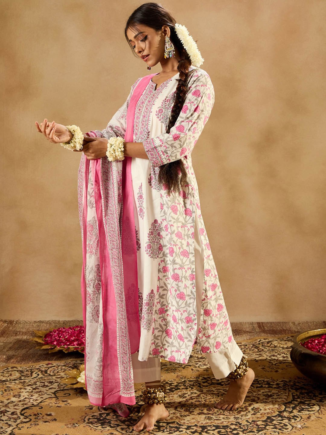

Indo Era Floral Printed Regular Mirror Work Pure Cotton Kurta with Trousers & Dupatta, White