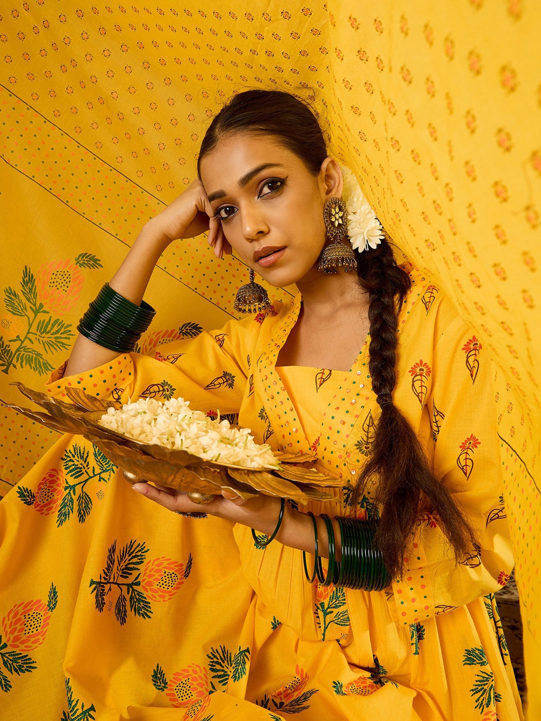 

Indo Era Floral Printed Empire Sequinned Pure Cotton A-Line Kurta with Trousers & Dupatta, Yellow