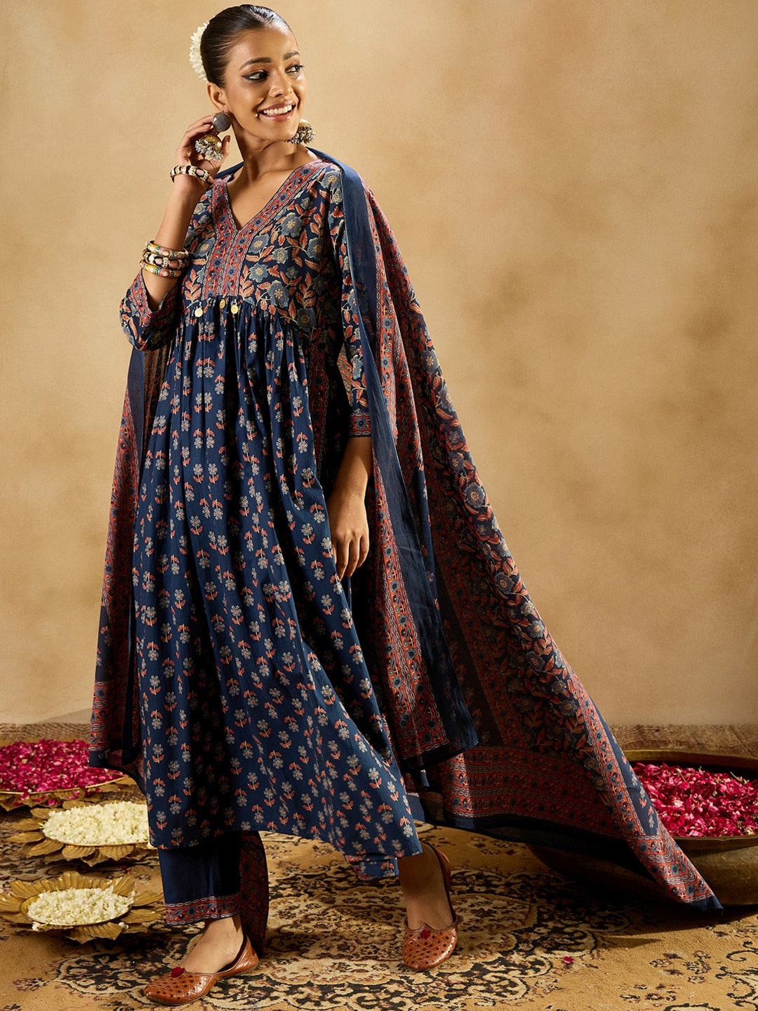

Indo Era Blue Floral Printed Empire V-Neck Flared Pure Cotton Straight Kurta Set