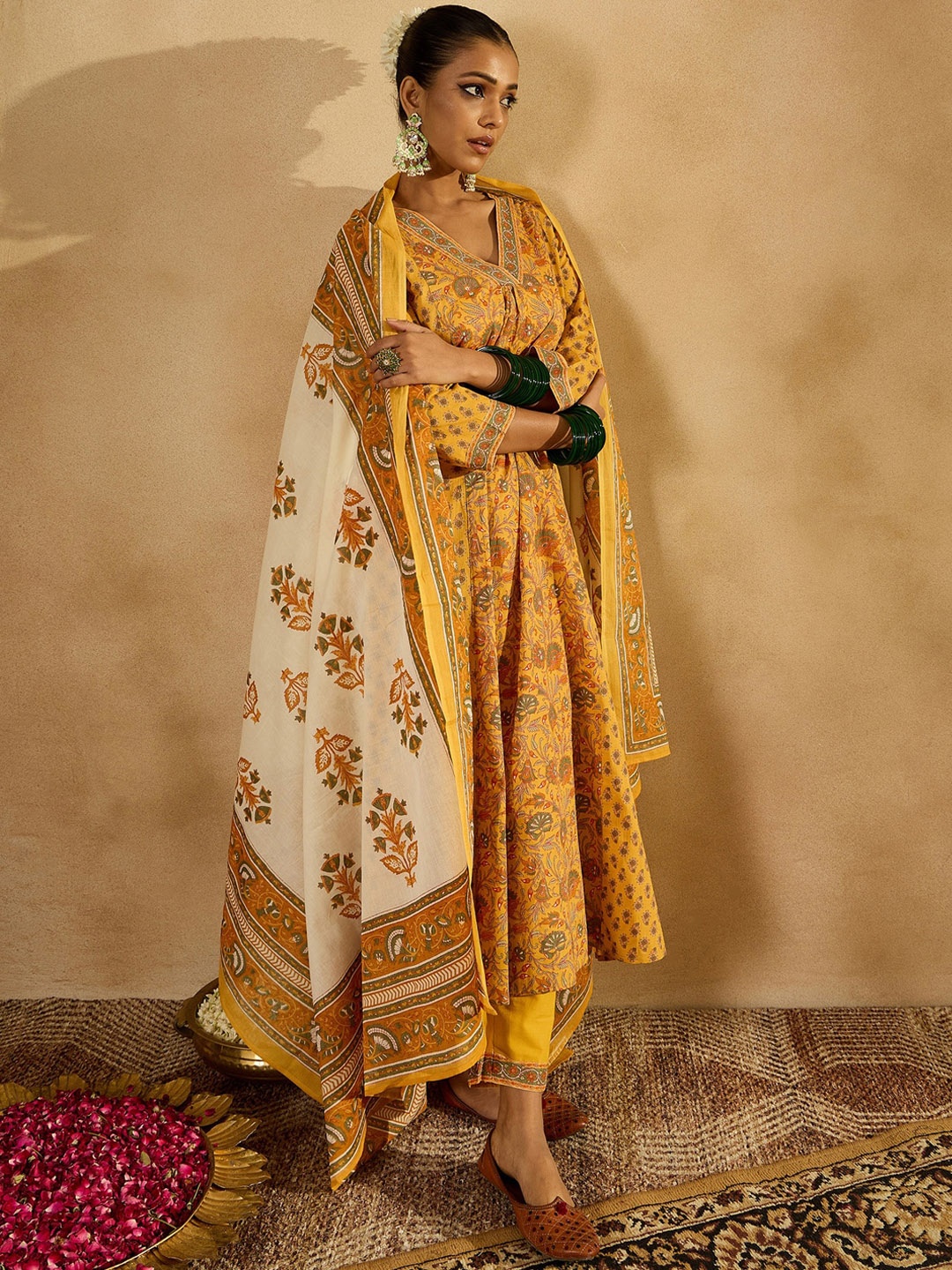 

Indo Era Floral Printed Panelled Pure Cotton A-Line Kurta with Trousers & Dupatta, Yellow