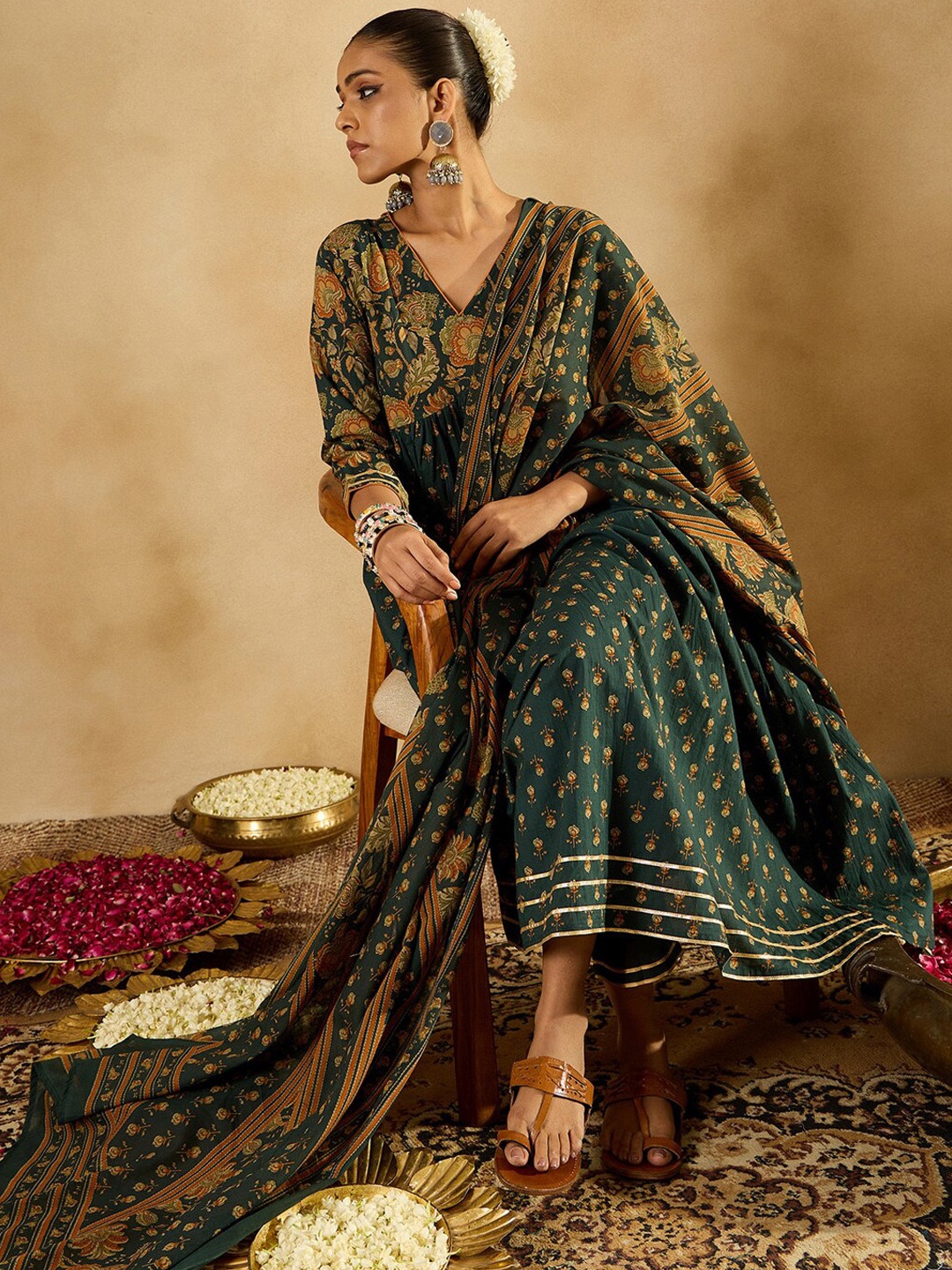 

Indo Era Floral Printed Empire Pure Cotton A-Line Kurta With Trousers & Dupatta, Green