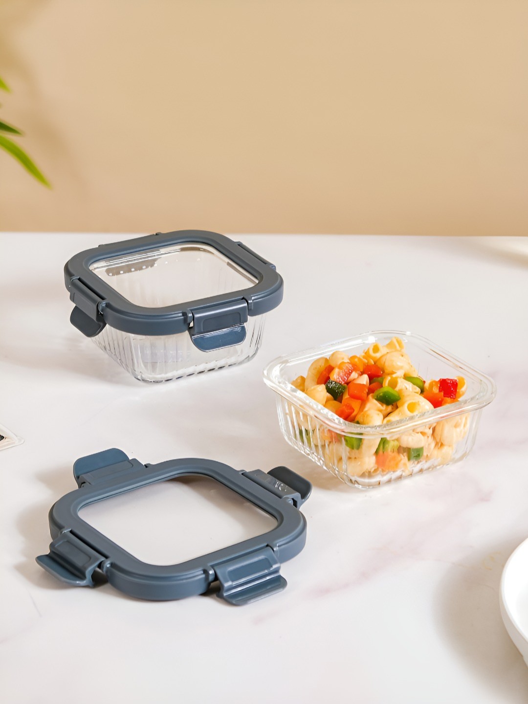 

Nestasia Transparent & Grey 2 Pieces Square Airtight Microwave Safe Glass Lunch Box 300ml