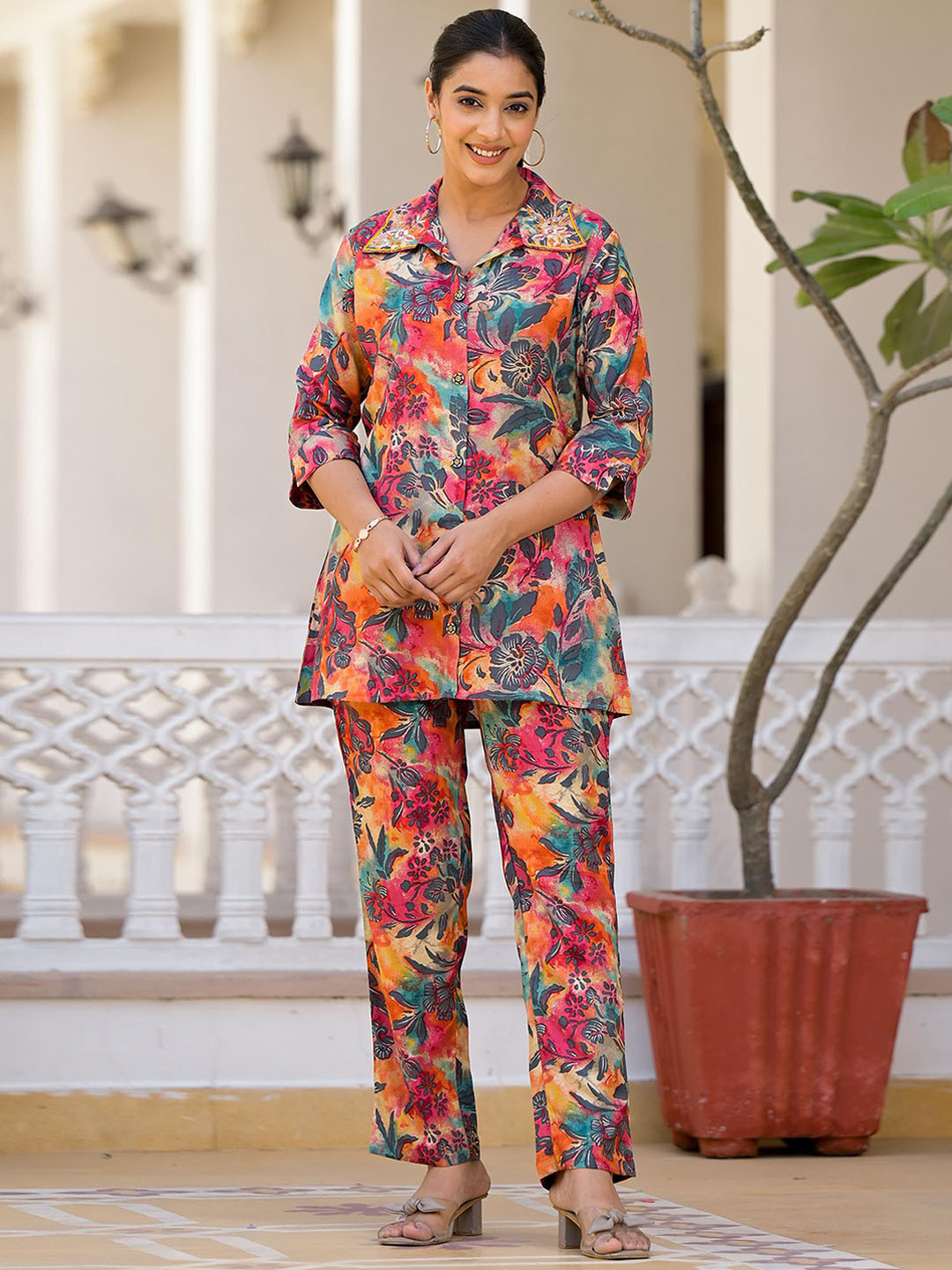

Peachmode Floral Foil Printed Shirt & Trousers Co-Ords Set, Pink
