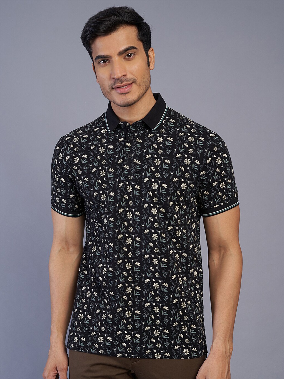 

JADE BLUE Floral Printed Polo Collar Pure Cotton Slim Fit T-shirt, Black