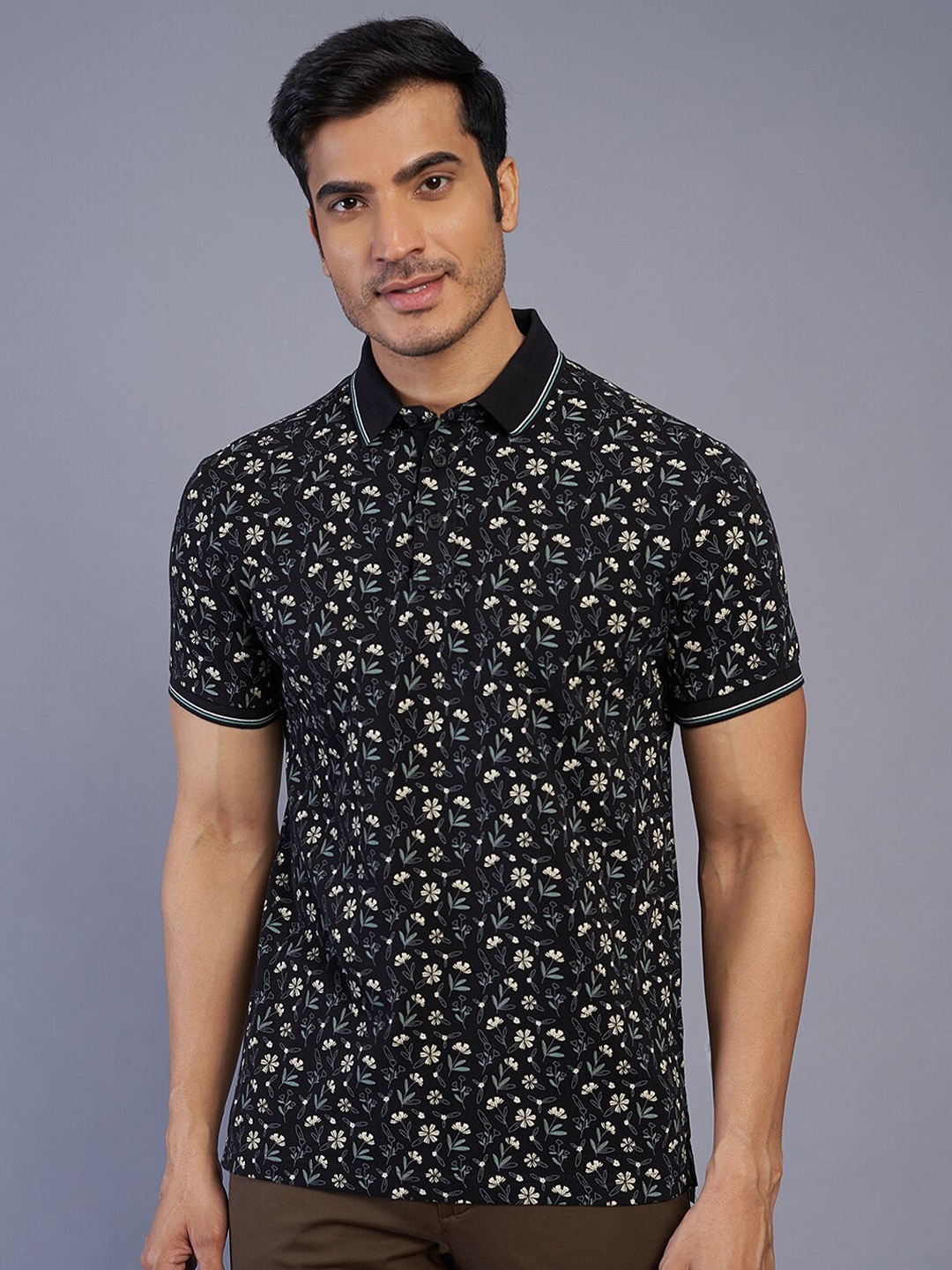 

JADE BLUE Floral Printed Polo Collar Pure Cotton Slim Fit T-shirt, Black
