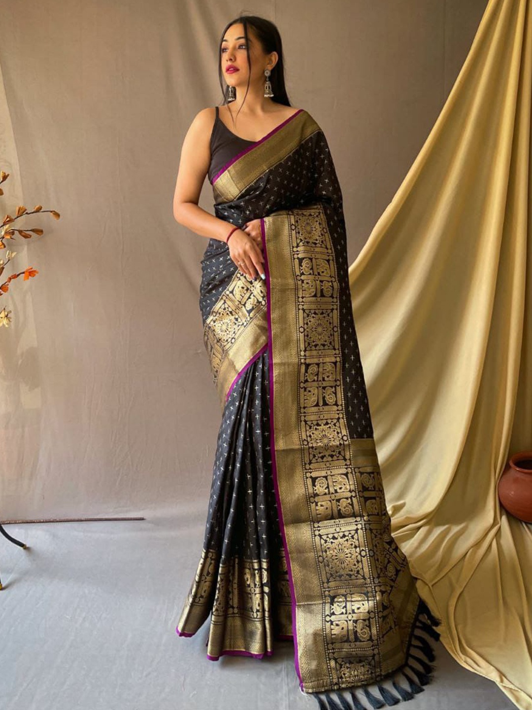 

Sarvada Ethnic Motifs Woven Design Zari Banarasi Saree, Black