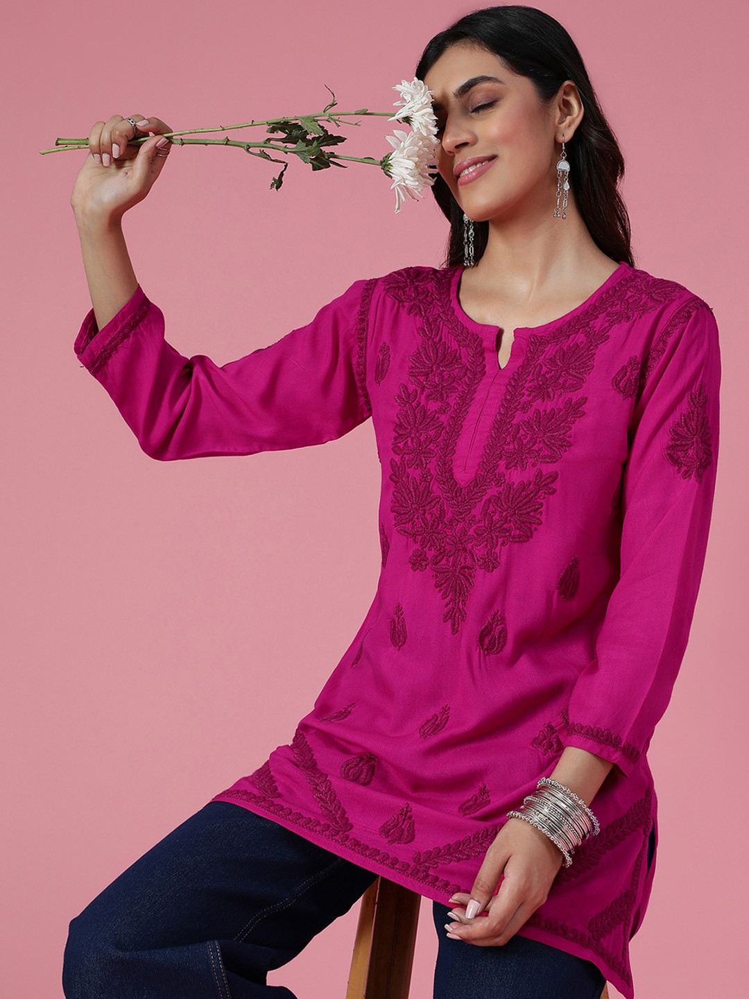 

House of Chikankari Chikankari Woven Short Kurta, Pink