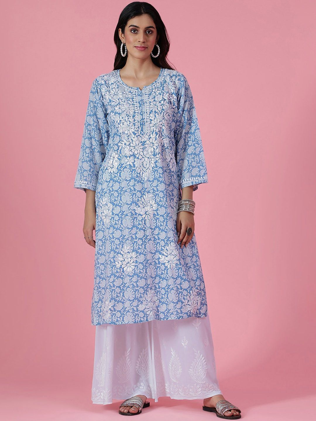 

House of Chikankari Floral Printed Cotton Straight Kurta, Blue