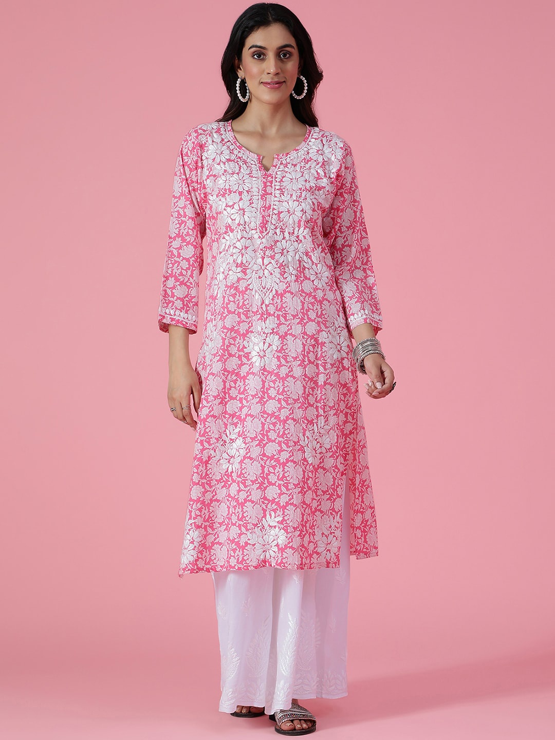 

House of Chikankari Embroidered Round Neck Long Sleeves Chikankari Cotton Straight Kurta, Pink