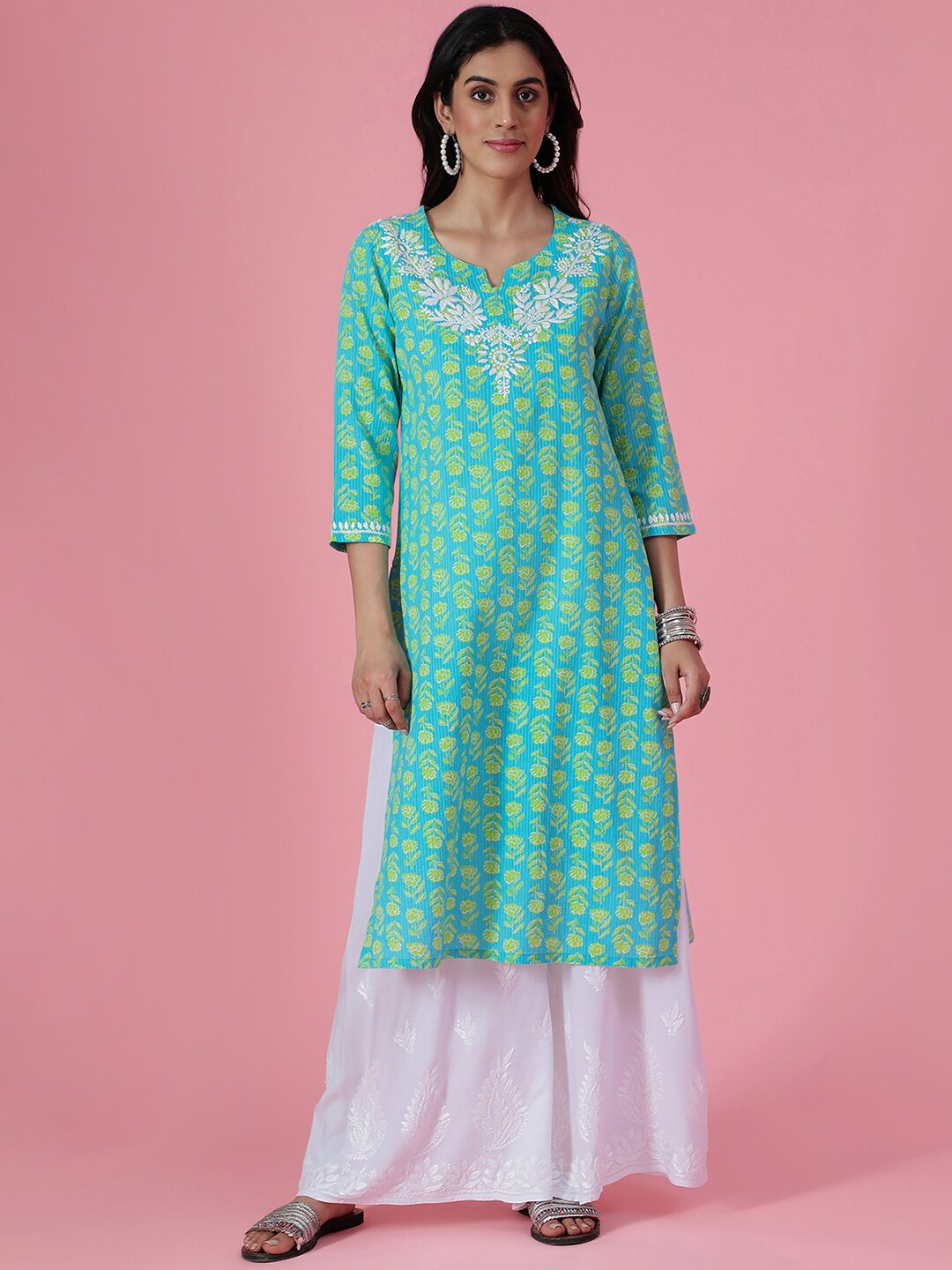 

House of Chikankari Chikankari Printed Kurta, Blue