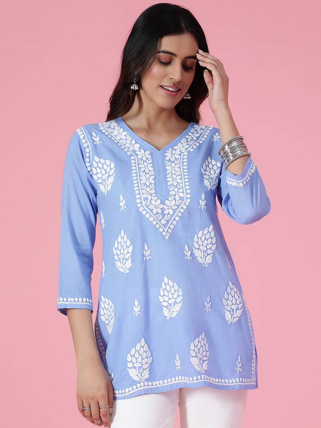 

House of Chikankari Chikankari Woven Short Kurta, Blue