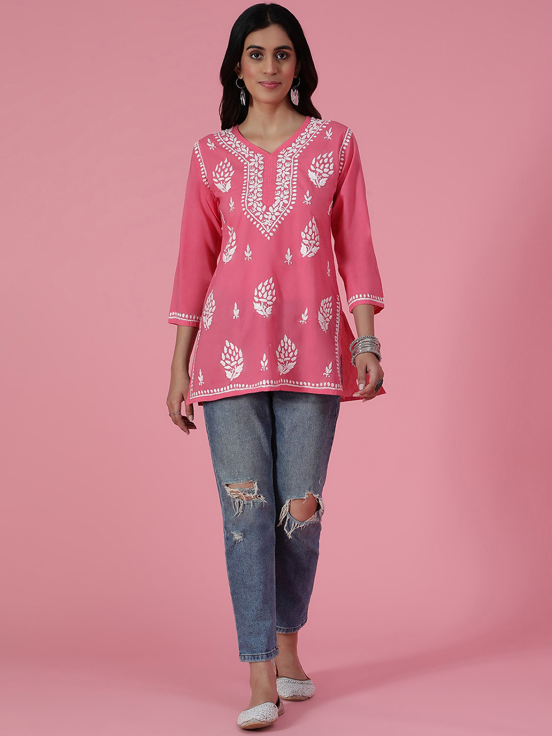 

House of Chikankari Chikankari Woven Short Kurta, Pink