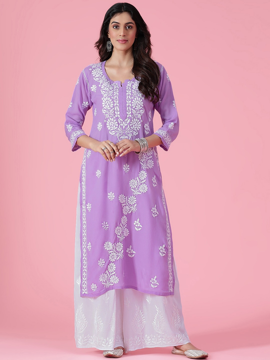 

House of Chikankari Ethnic Motifs Embroidered Straight Kurta, Purple