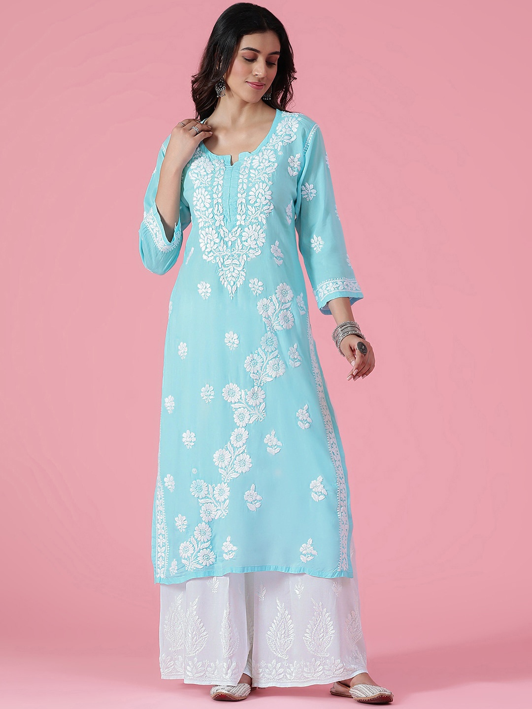 

House of Chikankari Ethnic Motifs Embroidered Straight Kurta, Blue