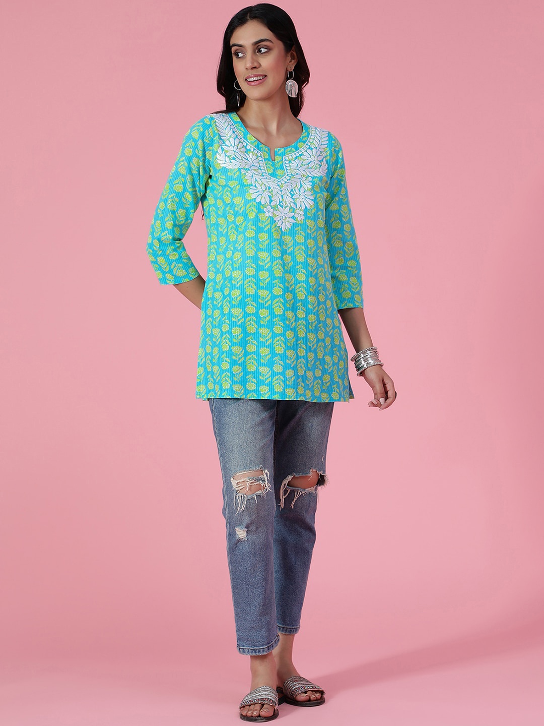 

House of Chikankari Ethnic Motifs Printed Cotton Straight Kurti, Blue