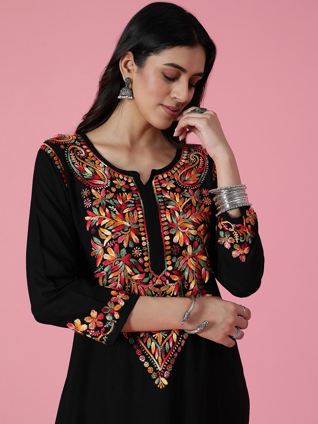 

House of Chikankari Chikankari Woven Kurta, Black