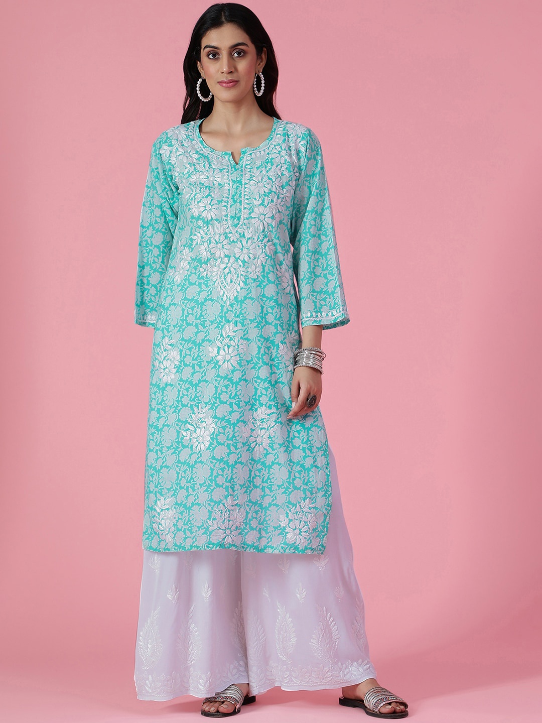 

House of Chikankari Floral Embroidered Chikankari Cotton Straight Kurta, Green
