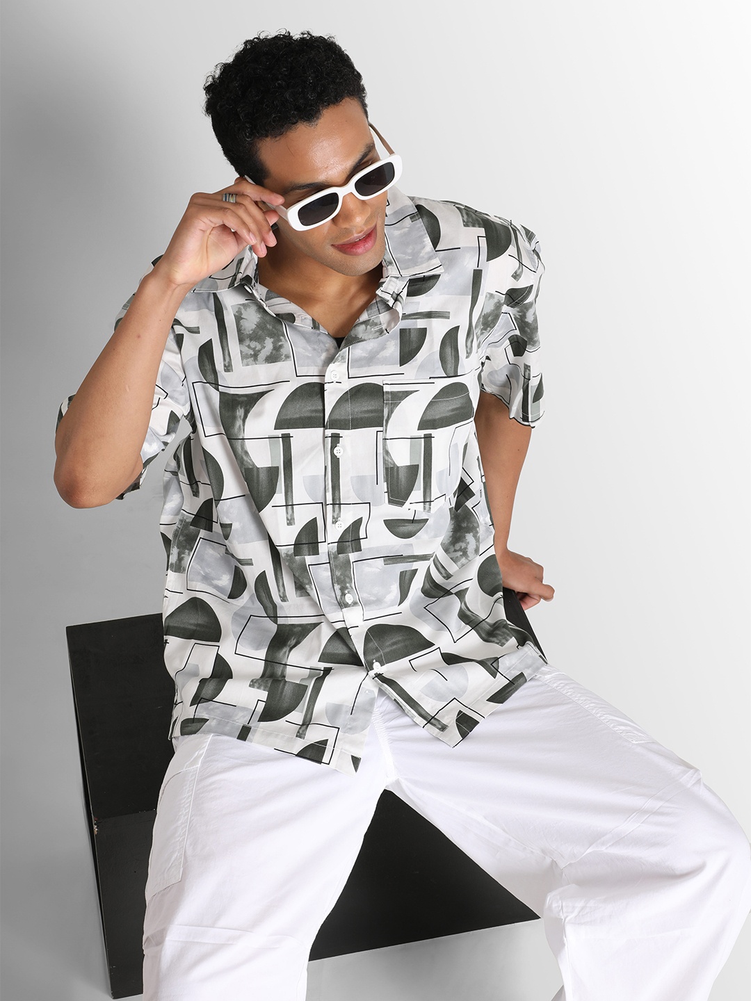 

The Lifestyle Co Abstract Printed Pure Cotton Oversized Casual Shirt, White