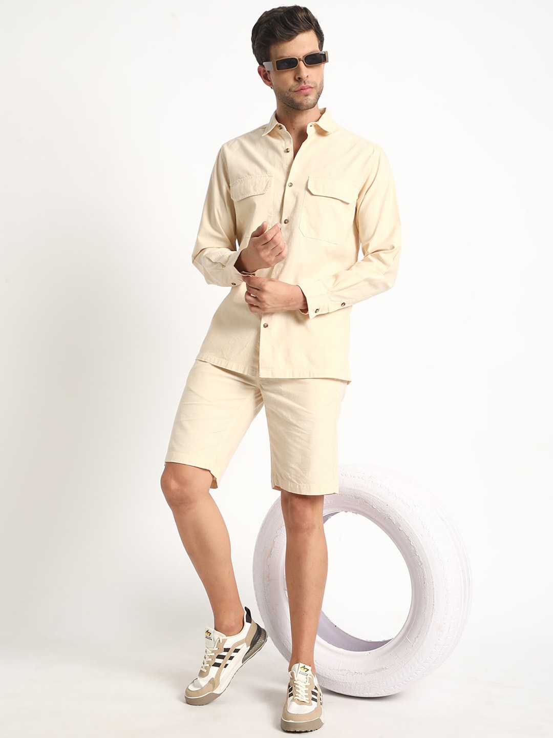 IVOC Linen Full Hand Shirt With Shorts, Cream