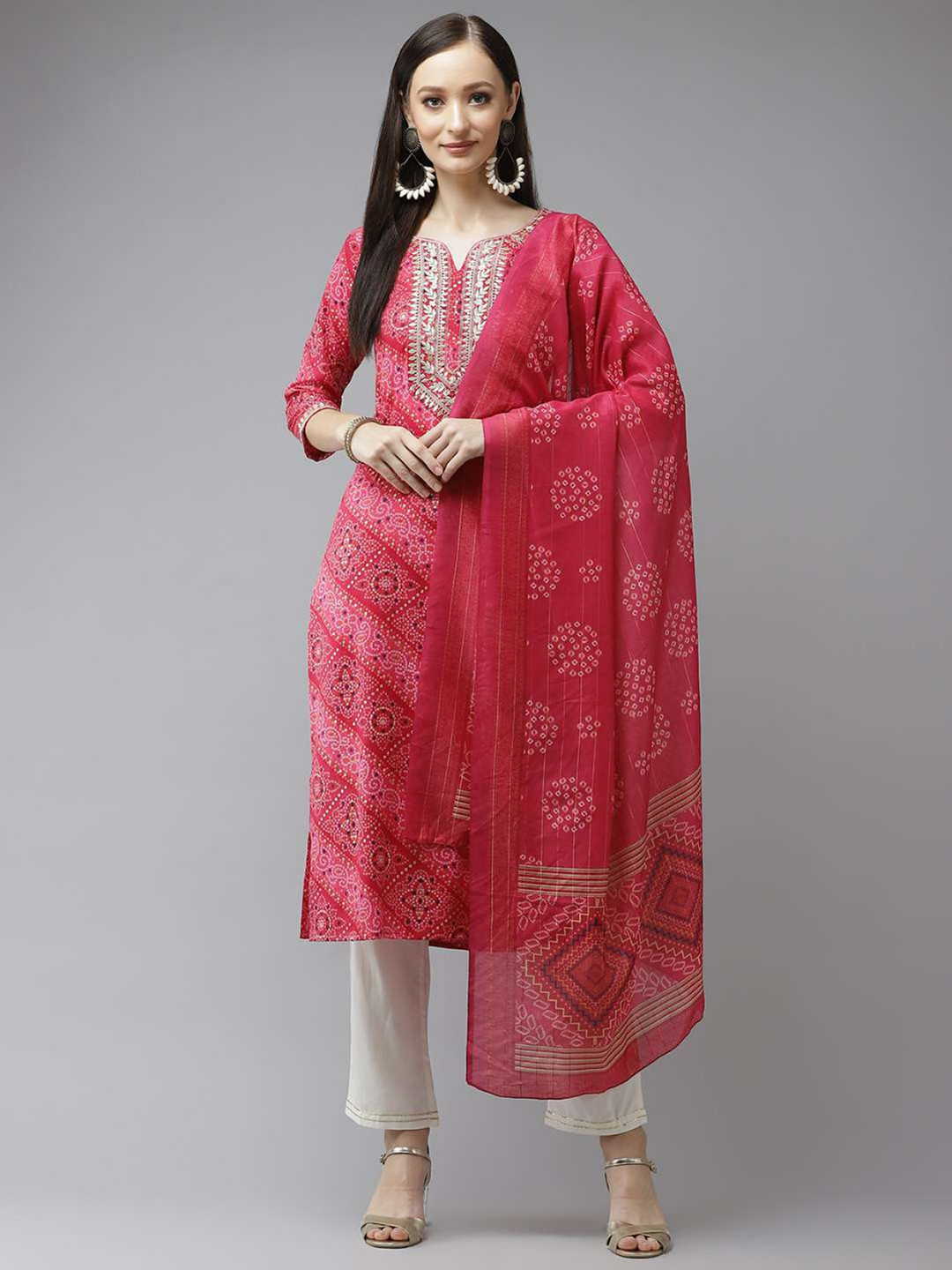 

KALINI Bandhani Printed Regular Pure Cotton Kurta with Palazzos & Dupatta, Pink