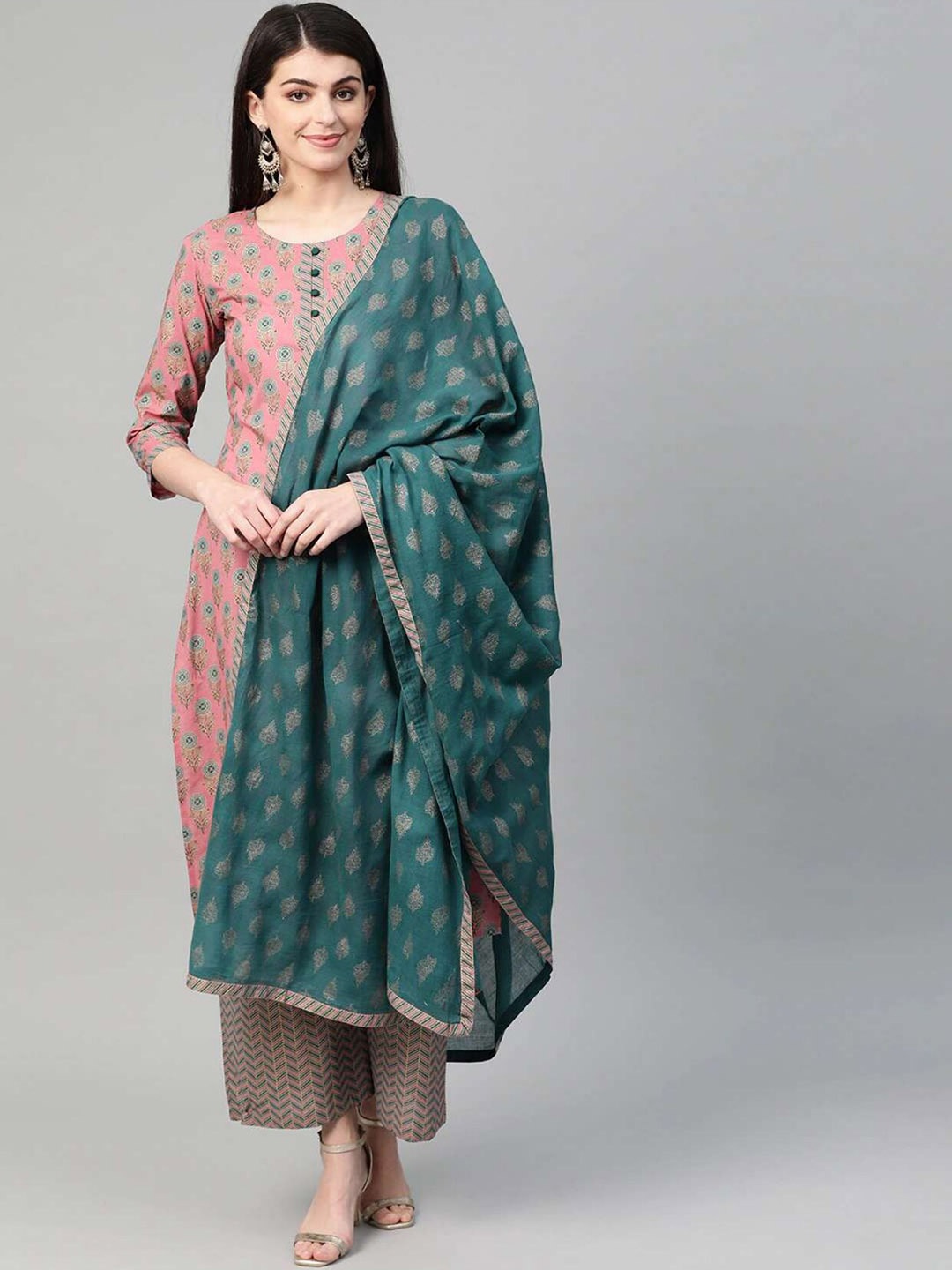 

KALINI Ethnic Motifs Printed Regular Pure Cotton Kurta with Palazzos & Dupatta, Pink