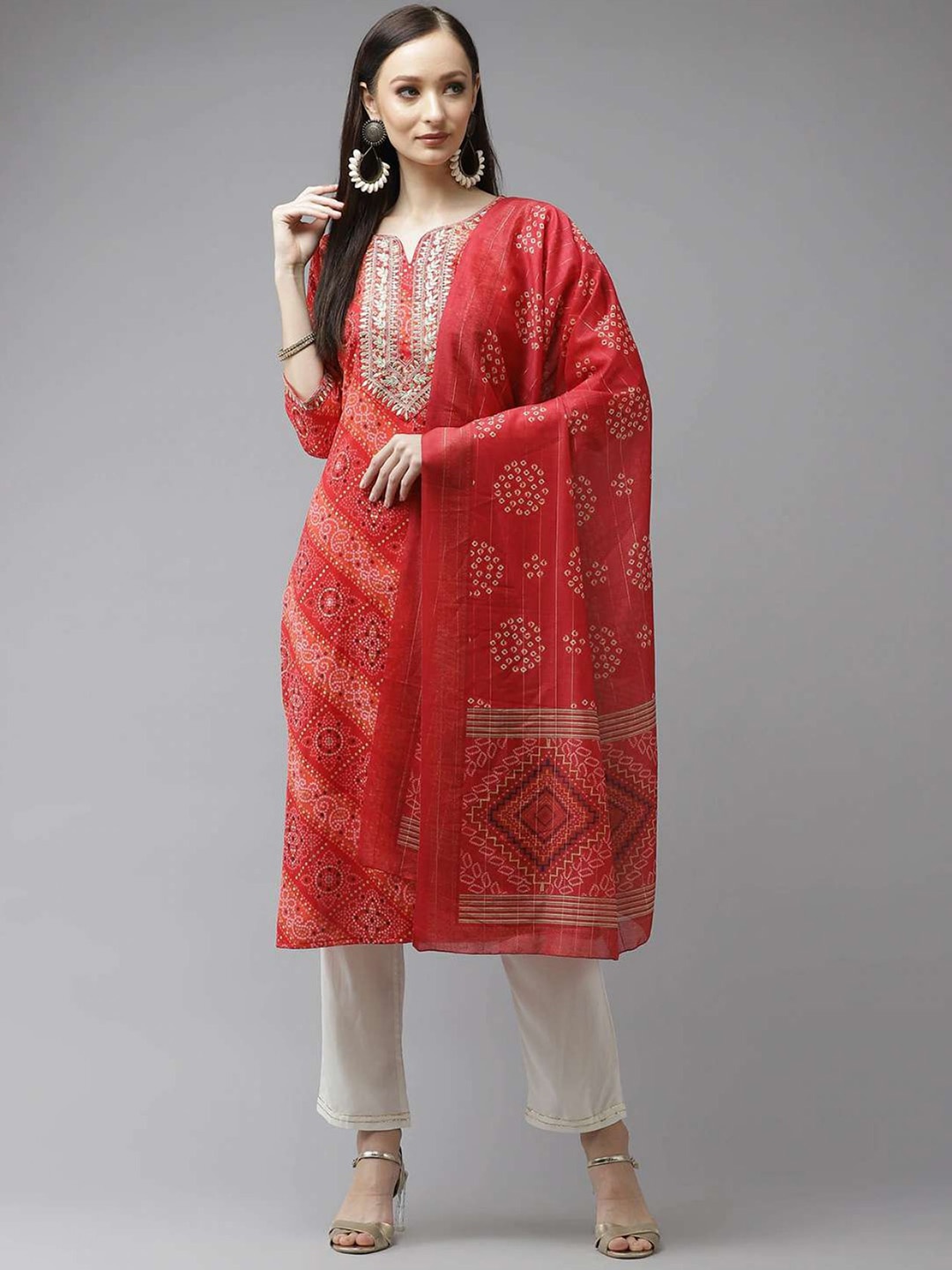 

KALINI Bandhani Printed Regular Pure Cotton Kurta with Palazzos & Dupatta, Red