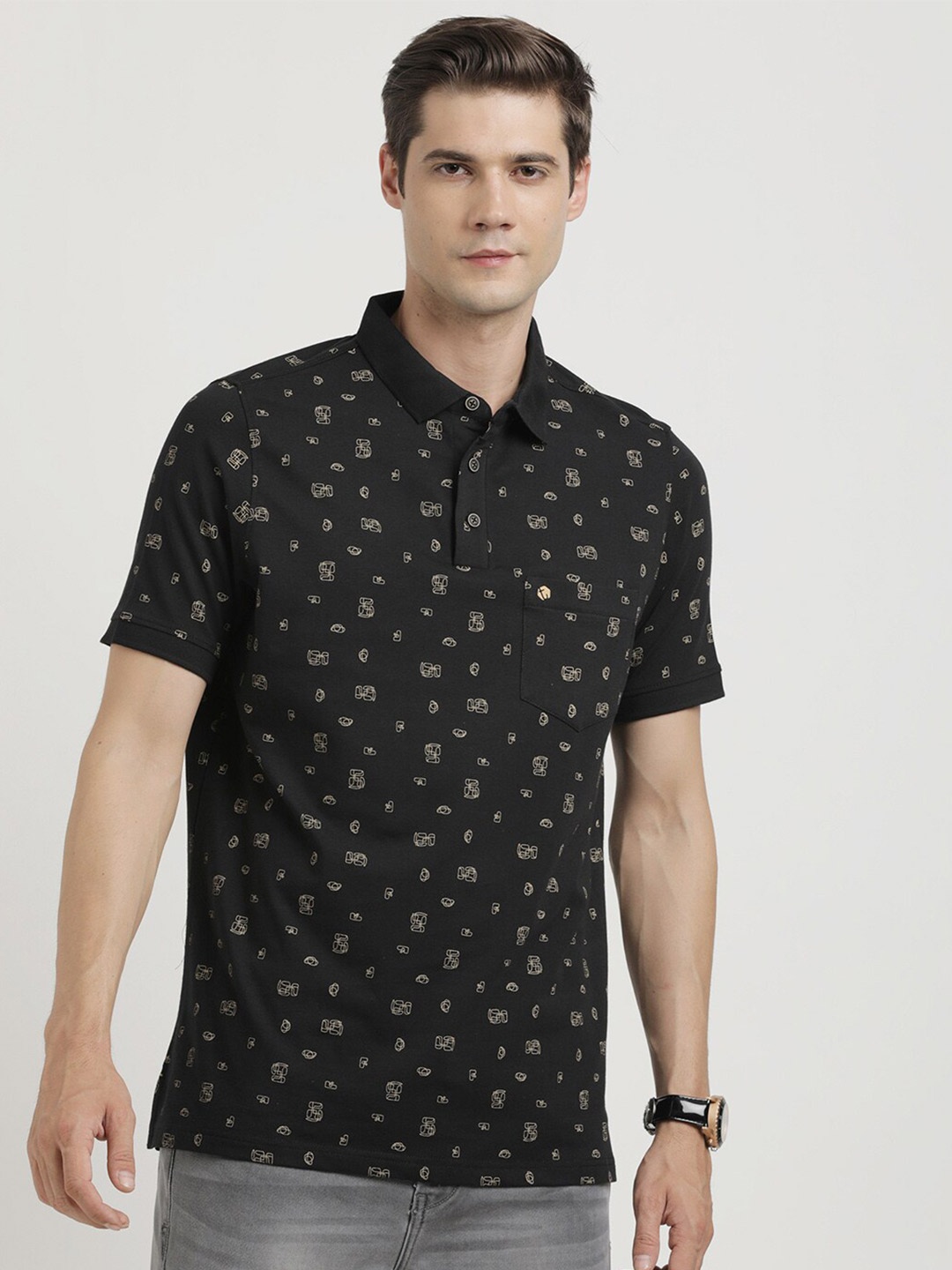 

Turtle Conversational Printed Polo Collar Slim Fit Cotton T-shirt, Black