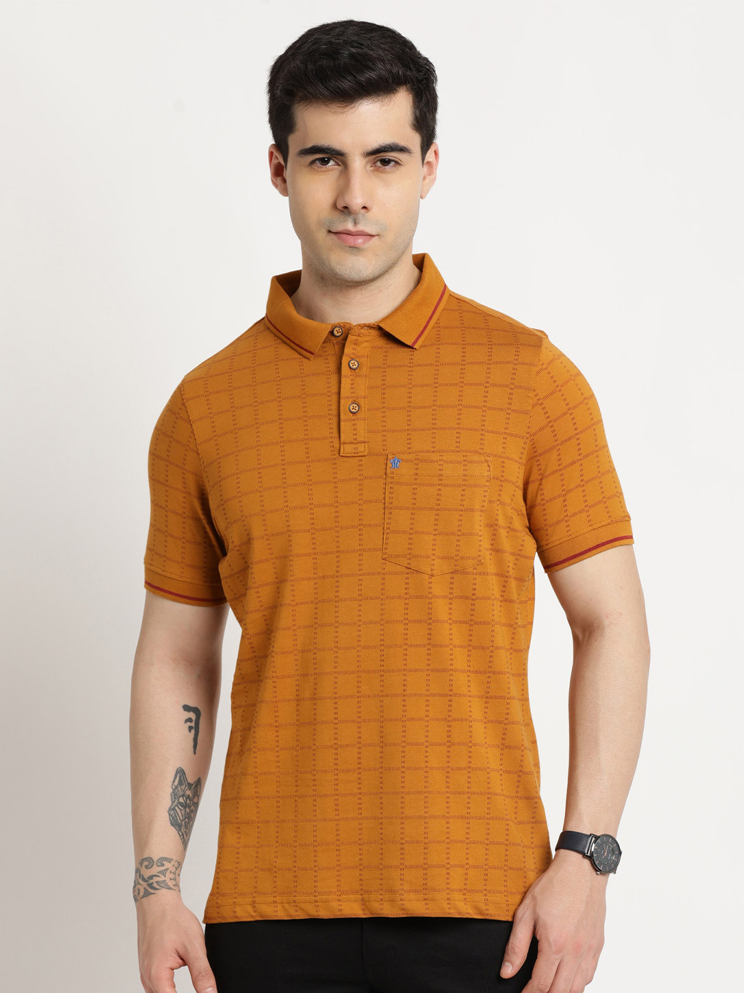 

Turtle Checked Polo Collar Cotton Slim Fit T-shirt, Mustard