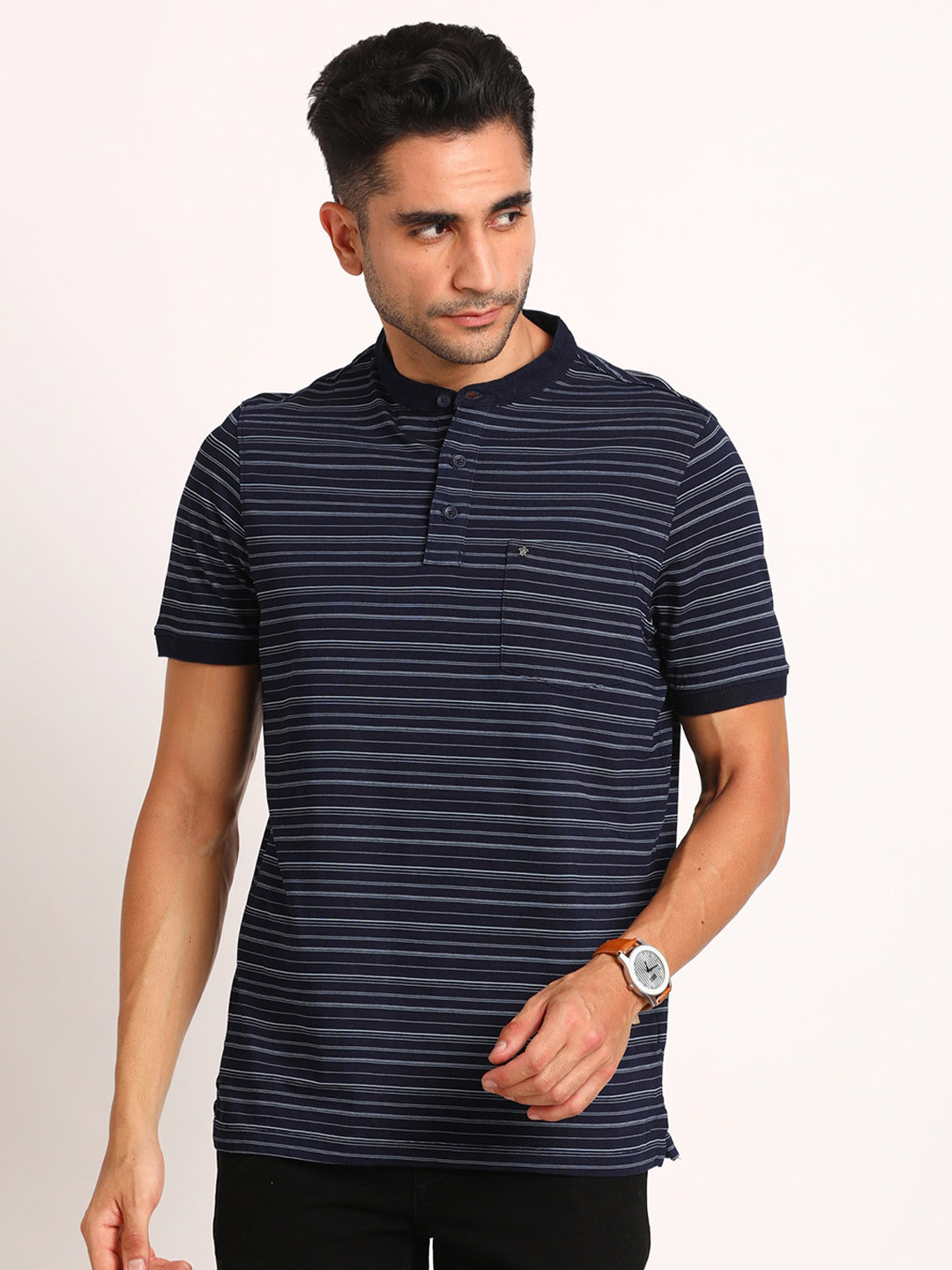 

Turtle Striped Henley Neck Cotton Slim Fit T-shirt, Navy blue
