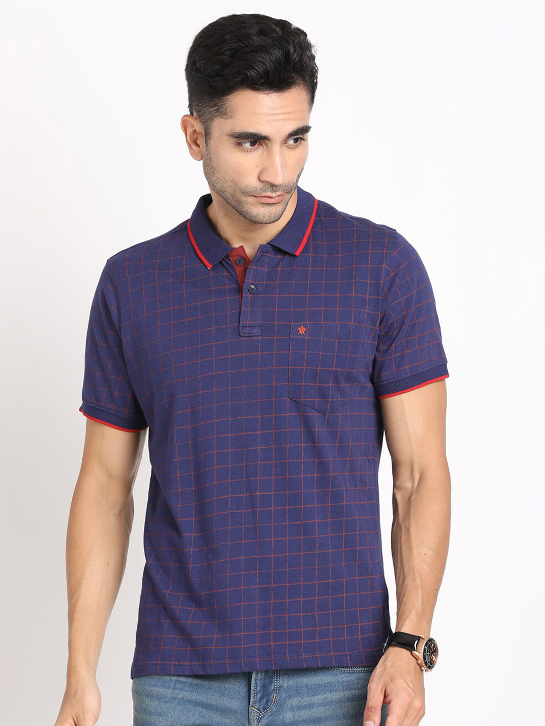 

Turtle Checked Polo Collar Cotton Slim Fit T-shirt, Purple