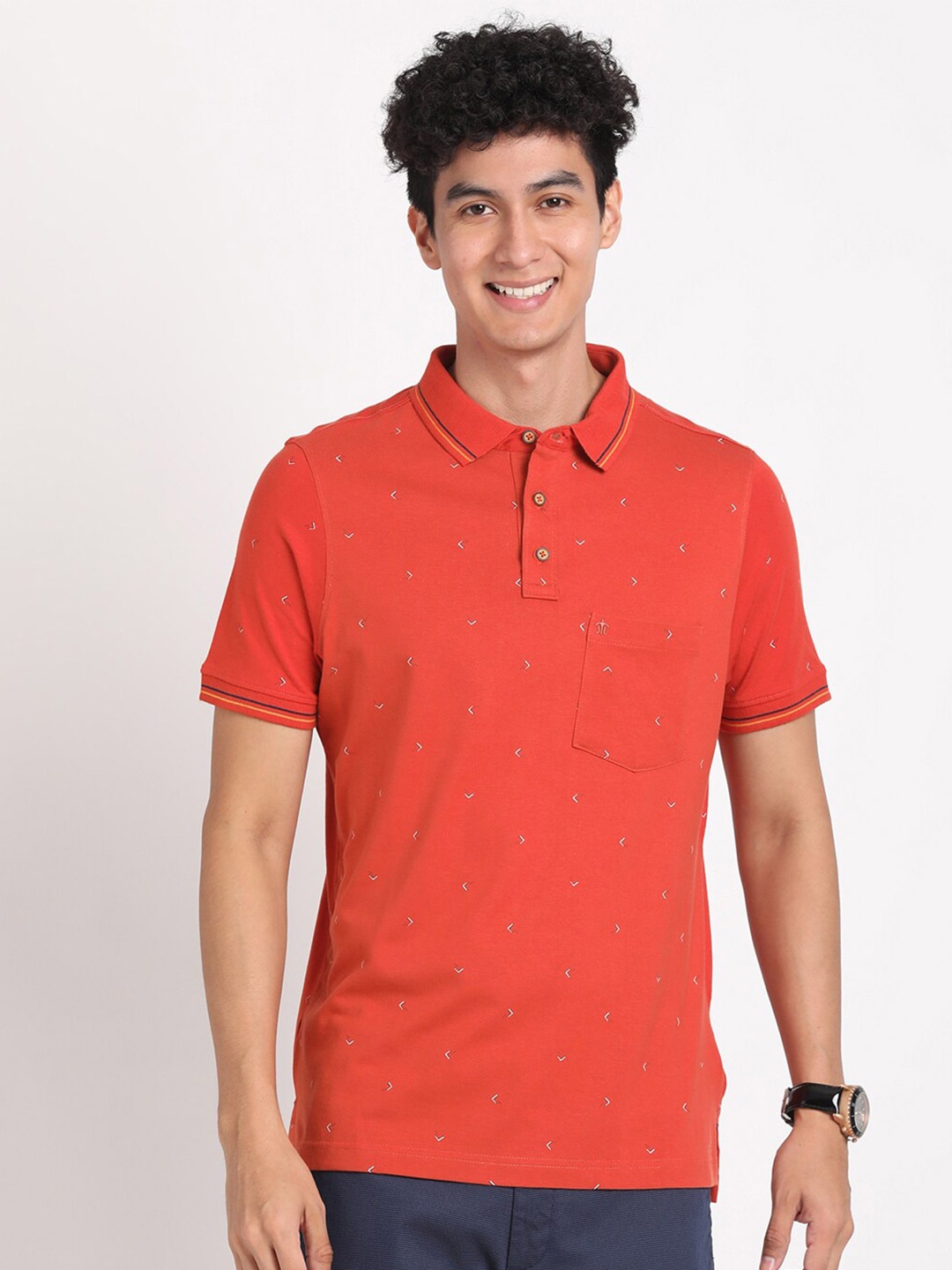 

Turtle Geometric Printed Polo Collar Pure Cotton Slim Fit T-shirt, Orange