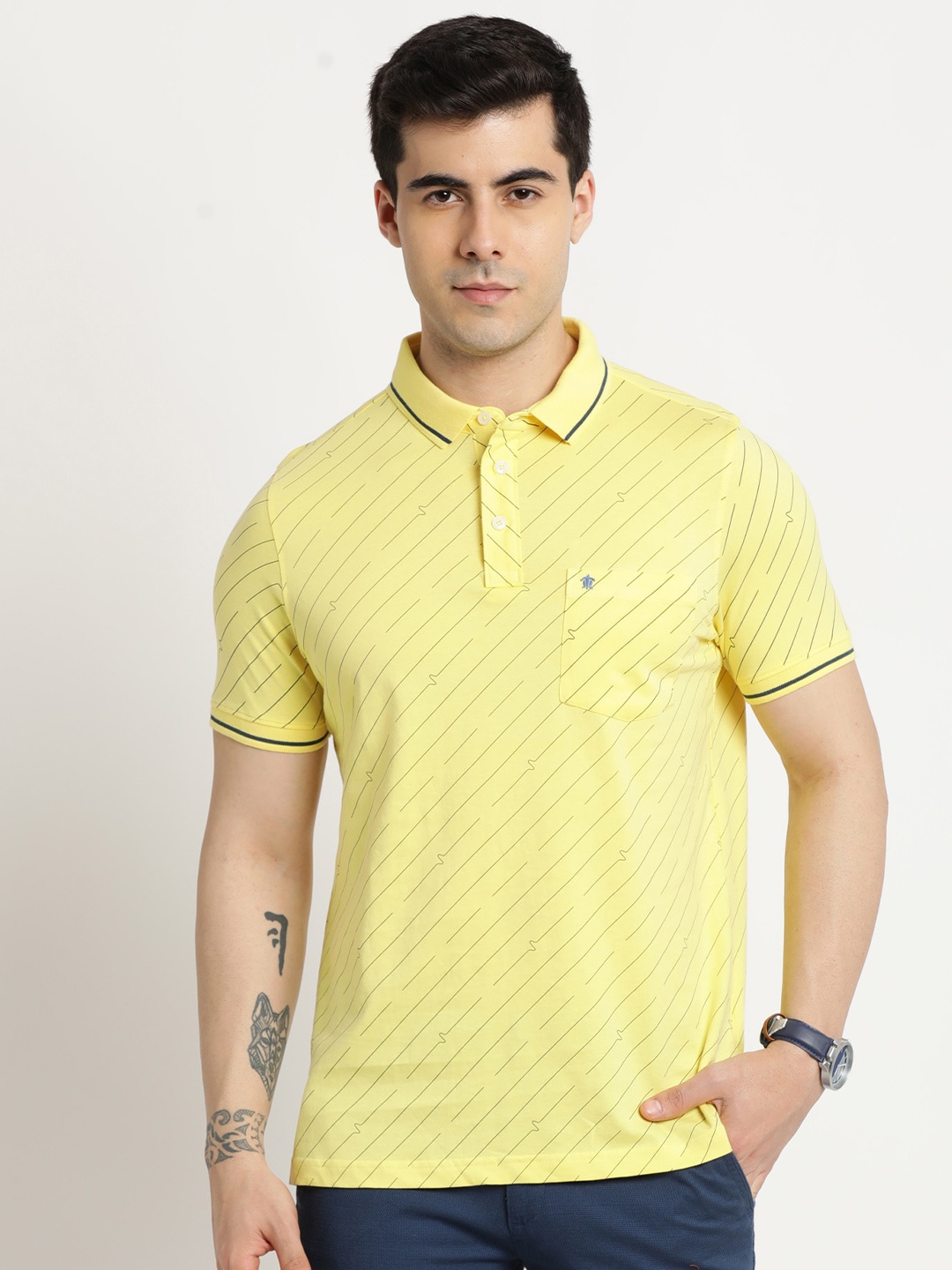 

Turtle Striped Polo Collar Pure Cotton Slim Fit T-shirt, Yellow