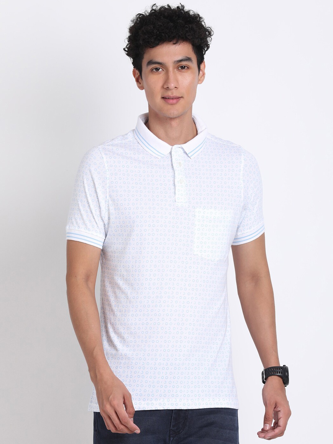 

Turtle Geometric Printed Polo Collar Slim Fit Cotton T-shirt, White