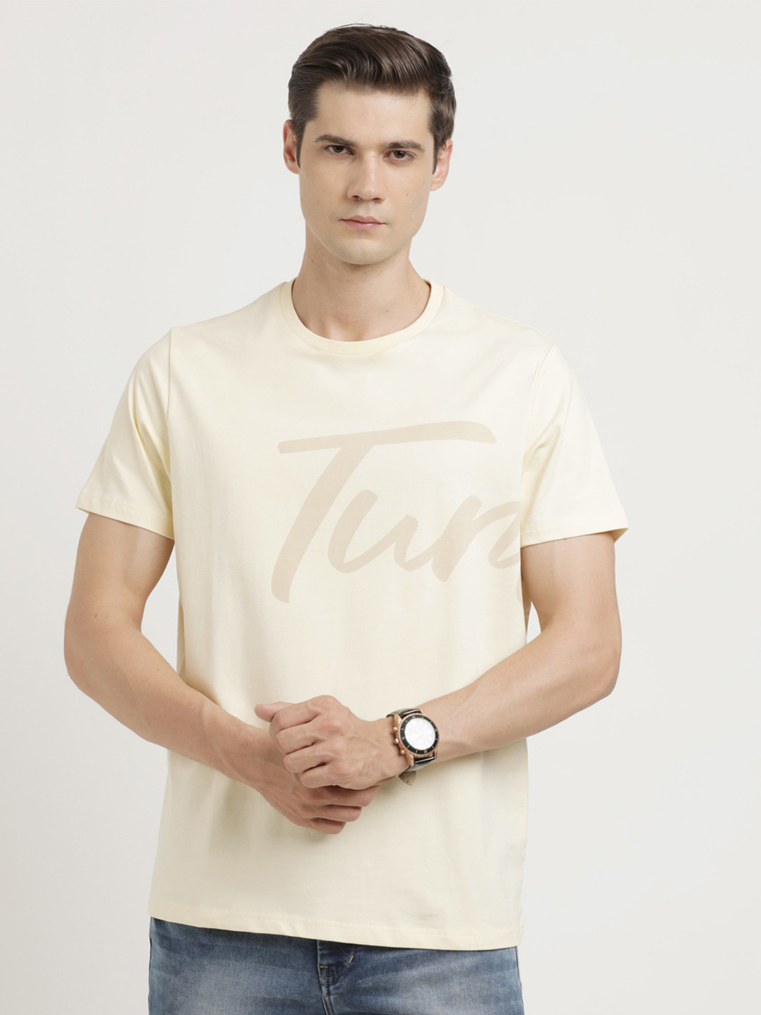 

Turtle Typography Printed Polo Collar Slim Fit Cotton T-shirt, Beige