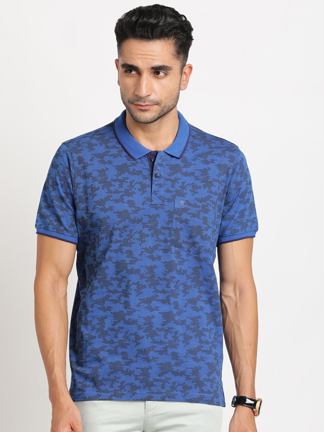 

Turtle Abstract Printed Polo Collar Slim Fit Cotton T-shirt, Blue