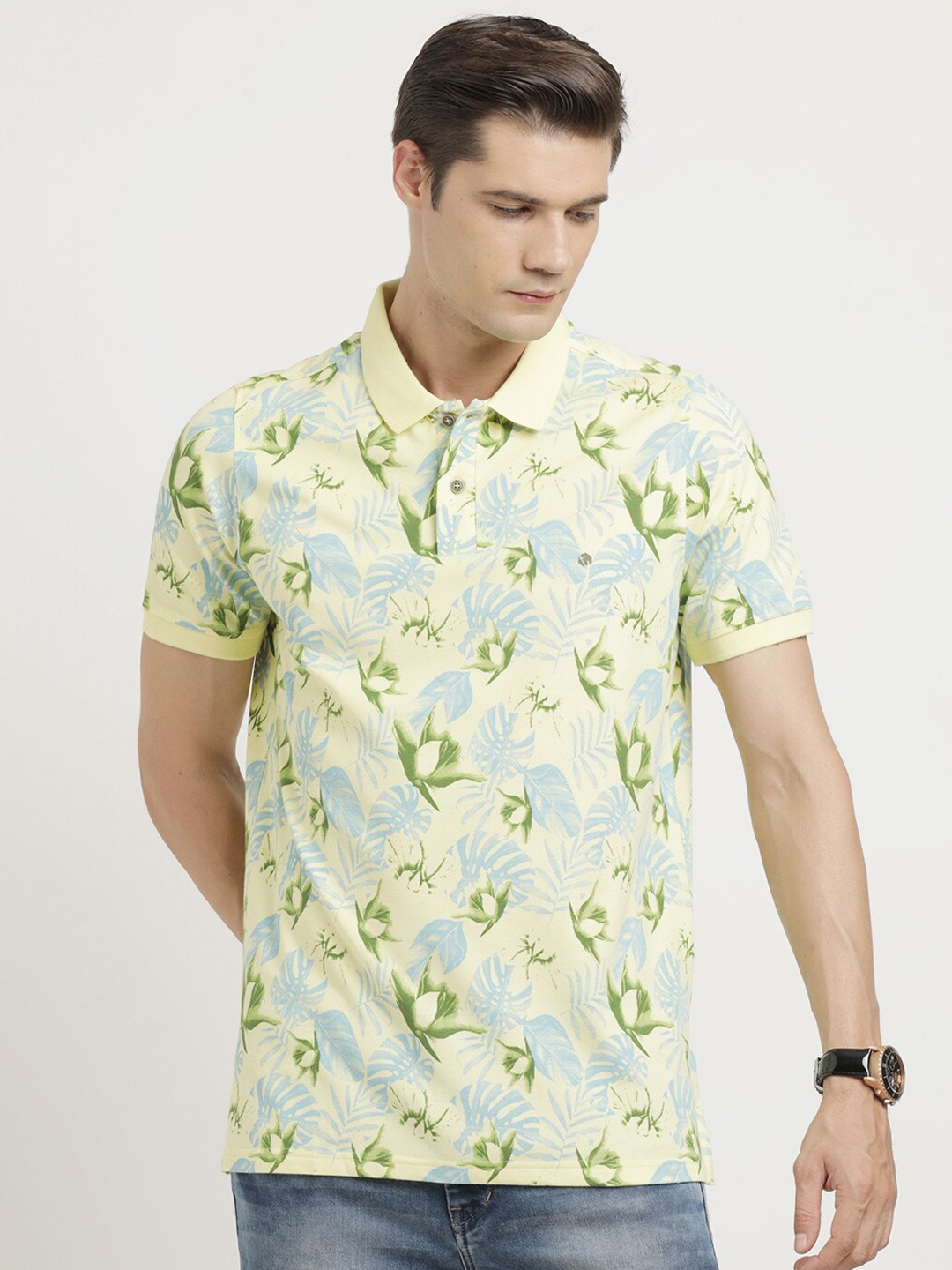 

Turtle Floral Printed Polo Collar Cotton Slim Fit T-shirt, Lime green