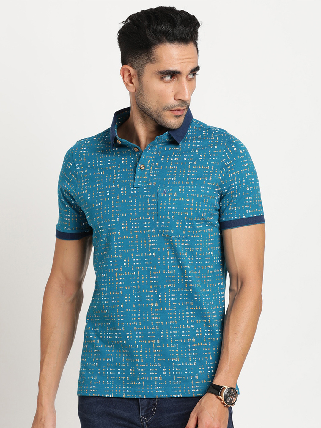 

Turtle Abstract Printed Polo Collar Cotton Slim Fit T-shirt, Blue