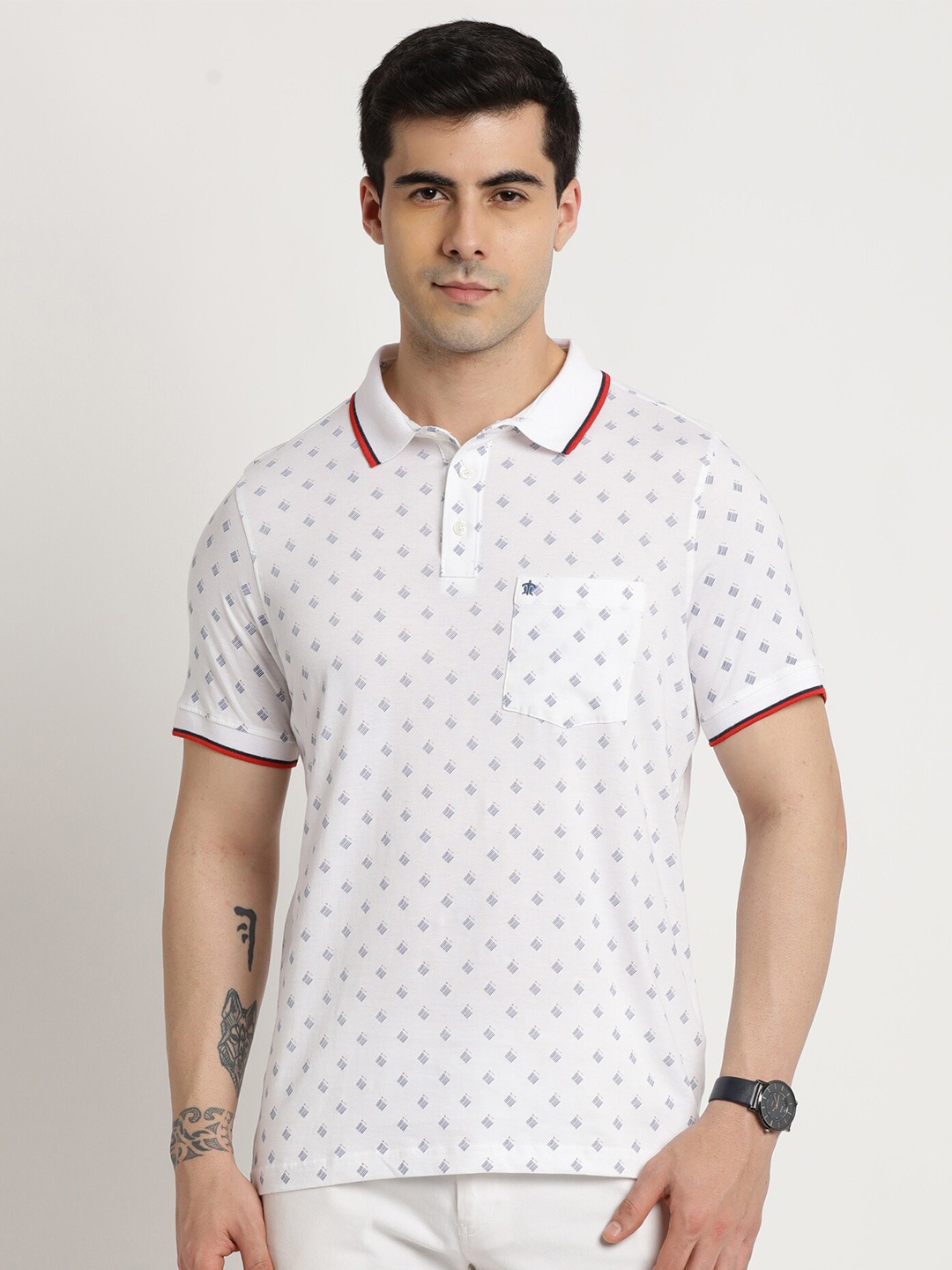 

Turtle Geometric Printed Polo Collar Pure Cotton Slim Fit T-shirt, White