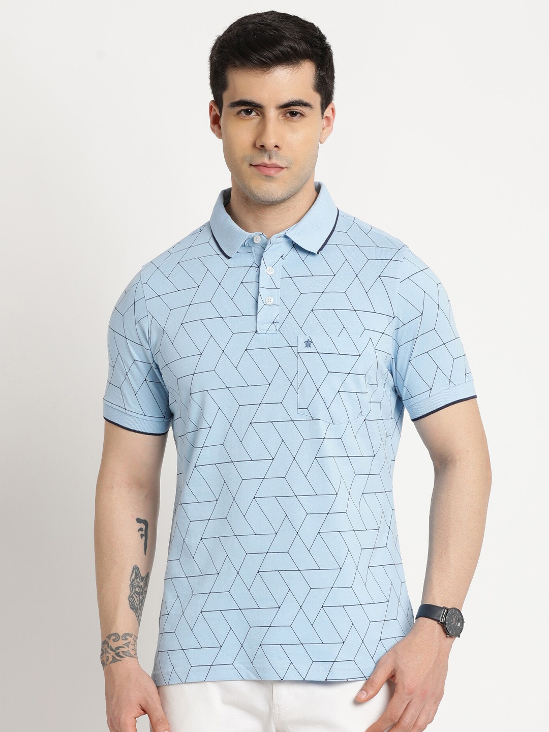 

Turtle Printed Polo Collar Short Sleeves Slim Fit Cotton T-shirt, Blue