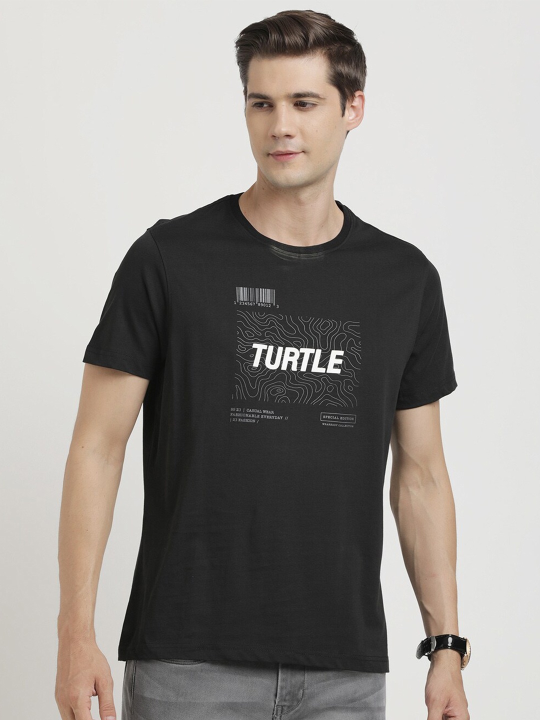 

Turtle Typography Printed Slim Fit Cotton T-shirt, Black