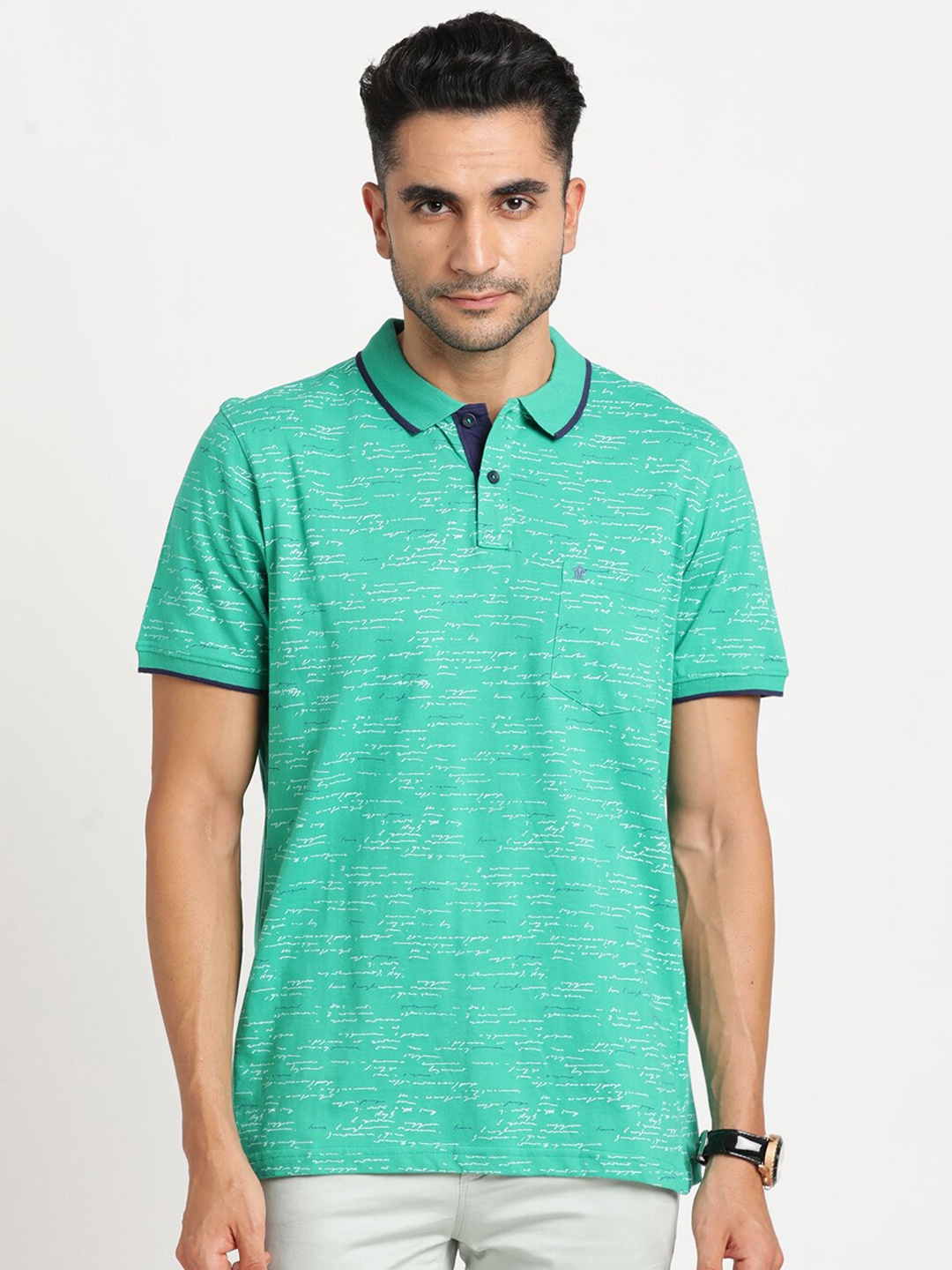 

Turtle Typography Printed Polo Collar Cotton Slim Fit T-shirt, Turquoise blue