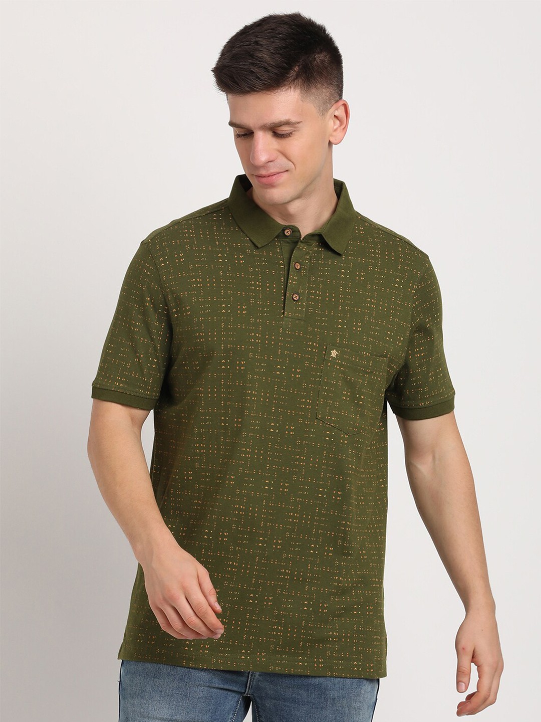 

Turtle Abstract Printed Polo Collar Pure Cotton Slim Fit T-shirt, Olive