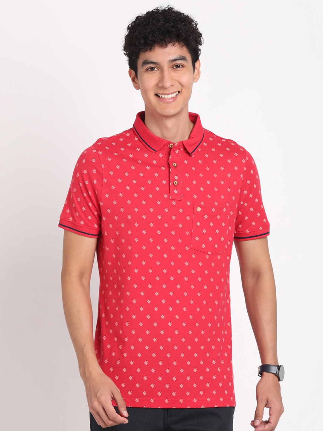 

Turtle Geometric Printed Polo Collar Pure Cotton Slim Fit T-shirt, Pink