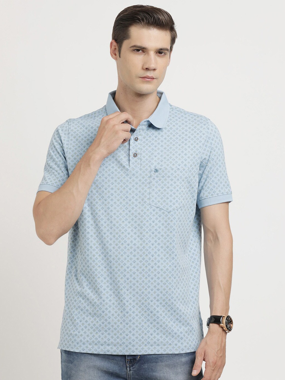 

Turtle Geometric Printed Polo Collar Slim Fit Cotton T-shirt, Grey