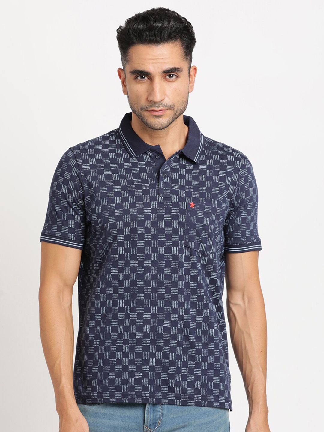 

Turtle Geometric Printed Polo Collar Pure Cotton Slim Fit T-shirt, Navy blue