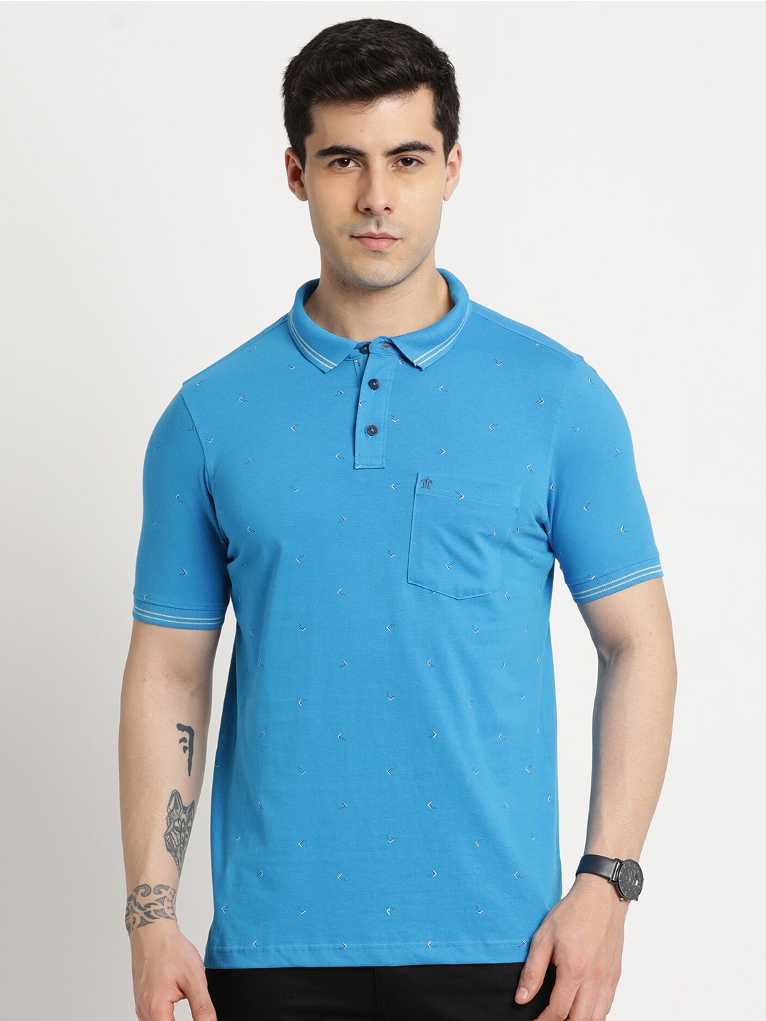 

Turtle Geometric Printed Polo Collar Slim Fit Cotton T-shirt, Blue