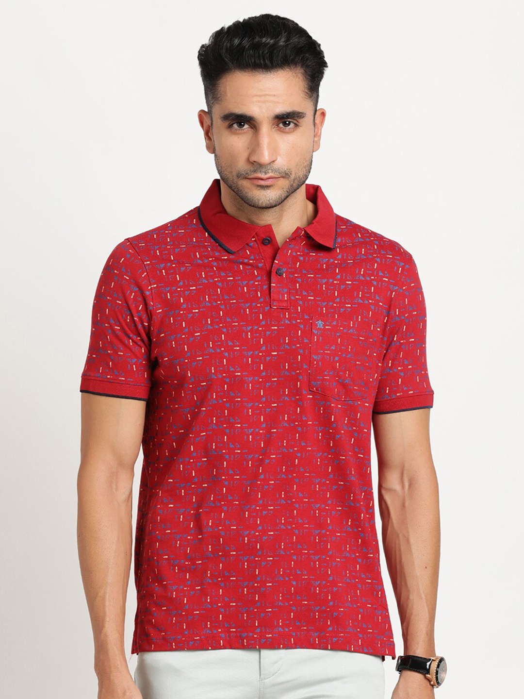 

Turtle Geometric Printed Polo Collar Pure Cotton Slim Fit T-shirt, Red