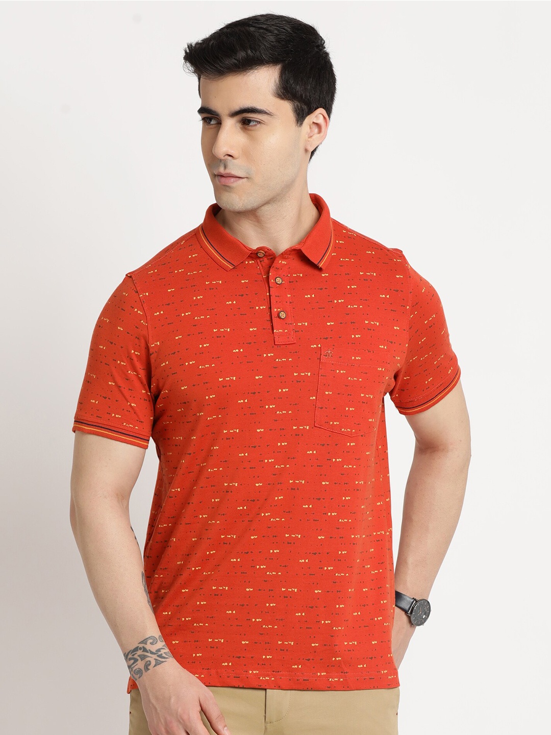 

Turtle Geometric Printed Polo Collar Slim Fit Cotton T-shirt, Orange