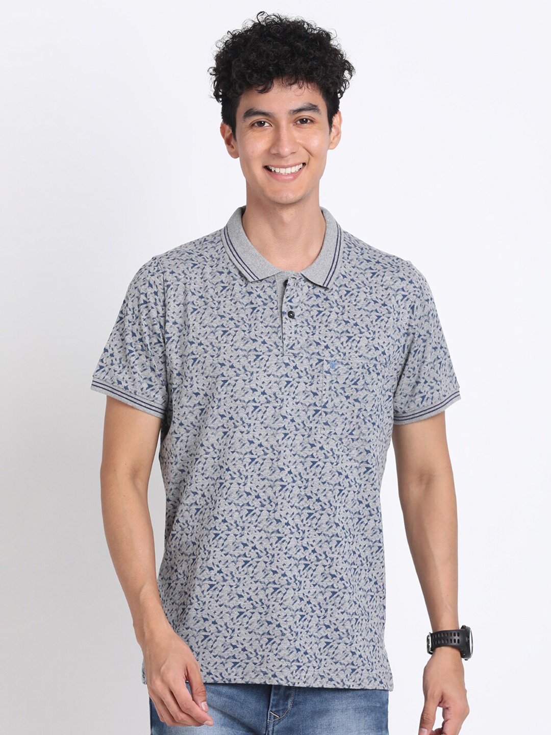 

Turtle Printed Polo Collar Slim Fit Cotton T-shirt, Grey